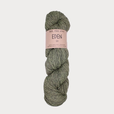 Green skein of Eden DK yarn with a label on a light gray background | Baa Ram Ewe | Yarn Worx