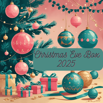 Illustration of Christmas decorations with ornaments and presents, featuring 'Christmas Eve Box 2025'.
