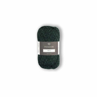 Dark green skein of yarn with a label on a white background