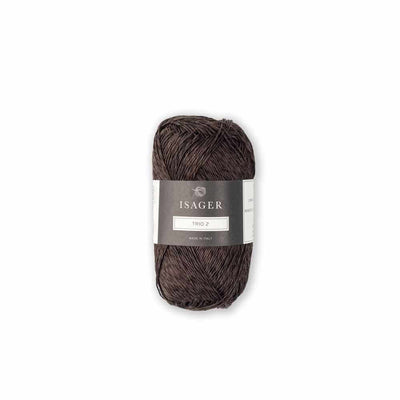 Ball of brown yarn with a label on a white background