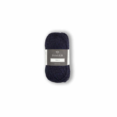 Navy skein of yarn with a label on a white background
