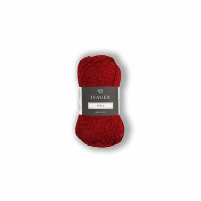 Red skein of yarn with a label on a white background