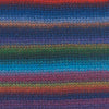 A close-up of a knitted fabric with horizontal rainbow stripes, showing the texture and pattern of the yarn showing how colour 002 knits up | Yarn Worx