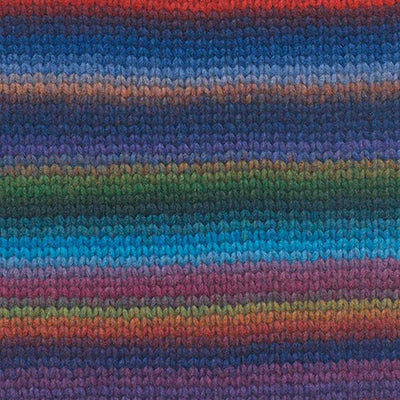 A close-up of a knitted fabric with horizontal rainbow stripes, showing the texture and pattern of the yarn showing how colour 002 knits up | Yarn Worx