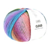 A ball of Lang Yarns Cloud merino extra fine superwash chunky yarn in a variegated pastel colorway, featuring shades of pink, purple, blue, and green, wrapped with a white paper label | Yarn Worx