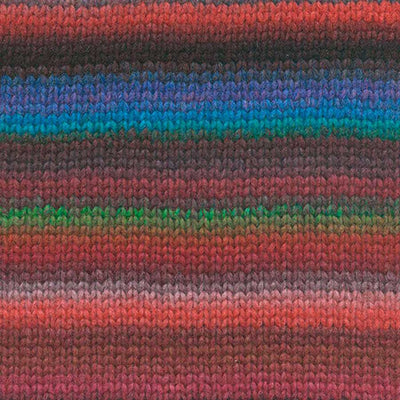 Close-up of a knitted fabric with horizontal stripes in red, orange, pink, purple, blue, teal, and green showing how colour 005 knits up | Yarn Worx