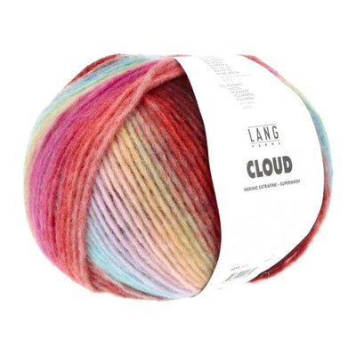 A ball of LANG Cloud merino chunky yarn in a variegated multicolor shade of pink, red, orange, yellow, and blue, with a white paper label | Yarn Worx