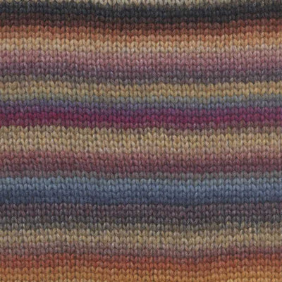 Close-up of a knitted fabric with horizontal stripes in muted gray, beige, blue, pink, and orange tones showing how colour 012 knits up | Yarn Worx