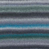 Close-up of a knitted fabric with horizontal stripes in muted gray, sage green, slate blue, and bright turquoise | Yarn Worx