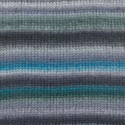 Close-up of a knitted fabric with horizontal stripes in muted gray, sage green, slate blue, and bright turquoise | Yarn Worx