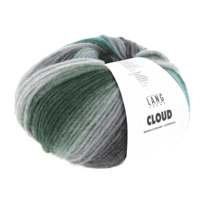 A ball of LANG yarn Cloud chunky yarn, featuring a variegated color transition from dark green to light gray and teal, wrapped with a white paper label | Yarn Worx