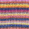 Close-up of a knitted fabric with horizontal stripes in pink, orange, yellow, blue, purple, and cream showing how colour 031 knits up | Yarn Worx