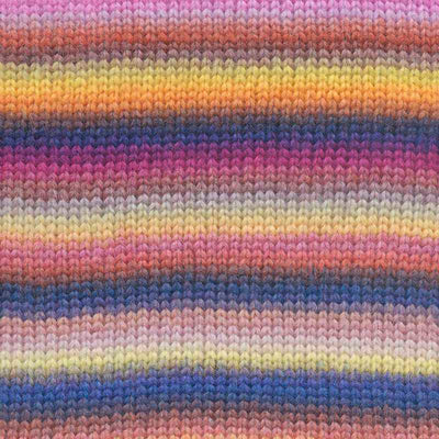 Close-up of a knitted fabric with horizontal stripes in pink, orange, yellow, blue, purple, and cream showing how colour 031 knits up | Yarn Worx
