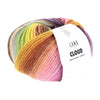 A ball of Lang Yarns Cloud merino chunky yarn, featuring a variegated color pattern of yellow, green, orange, pink, and purple, with a white paper label | Yarn Worx