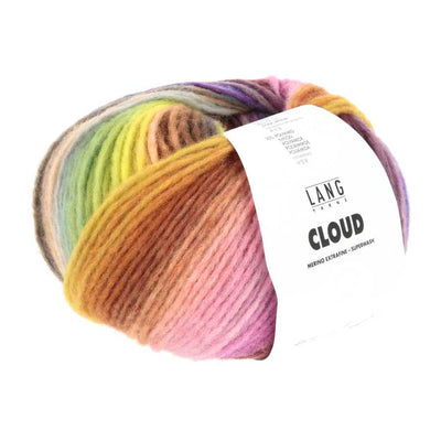 A ball of Lang Yarns Cloud merino chunky yarn, featuring a variegated color pattern of yellow, green, orange, pink, and purple, with a white paper label | Yarn Worx