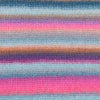 Close-up of a knitted fabric with horizontal stripes in light blue, pink, purple, and peach tones | Yarn Worx