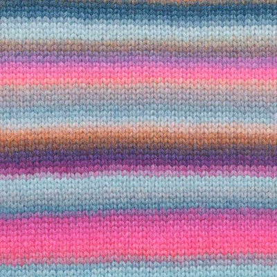 Close-up of a knitted fabric with horizontal stripes in light blue, pink, purple, and peach tones | Yarn Worx