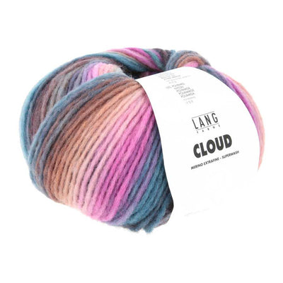 A skein of LANG Yarns Cloud yarn in a variegated blend of pink, purple, blue, and brown tones, wrapped with a white paper label | Yarn Worx