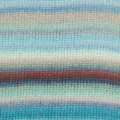 Close-up of a knitted fabric with horizontal stripes in light blue, mint green, cream, and a muted dusty red band showing how colour 033 knits up | Yarn Worx