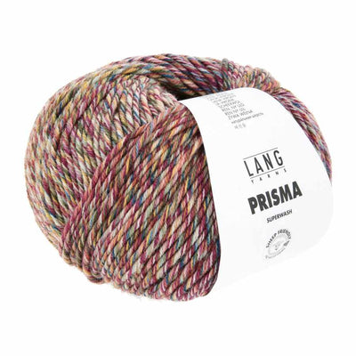 Multicolored ball of yarn with a Lang Yarns label on a white background in colour 005 which is autumnal reds and greens | Yarn Worx