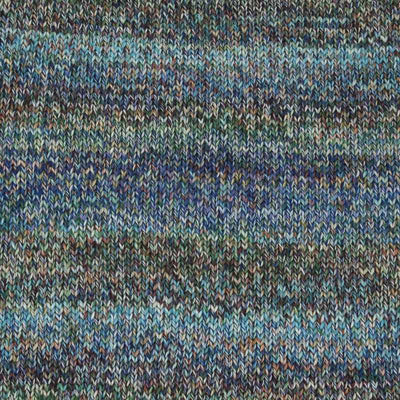Close-up of a knitted fabric texture with a variegated pattern of blue, teal, green, brown, and beige yarns showing how colour 004 knits up | Yarn Worx