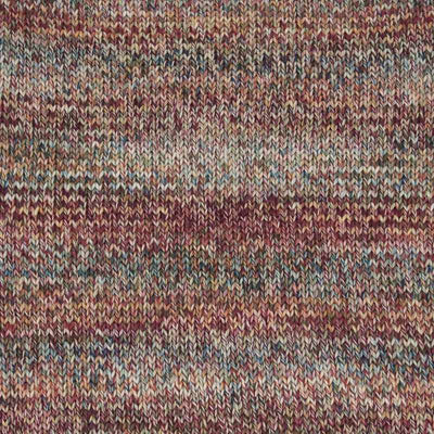 Close-up of a knitted fabric texture with a variegated pattern of burgundy, beige, brown, and muted blue yarns showing how colour 005 knits up | Yarn Worx