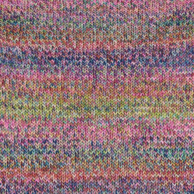 Close-up of a multicolor knitted fabric with a variegated pattern of pink, purple, blue, green, and yellow yarn in a textured knit stitch showing how colour 006 knits up | Yarn Worx