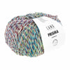 A skein of Lang Tarny Prisma Superwash yarn, featuring a variegated multicolor pattern of blue, green, purple, and red threads, with a white paper label wrapped around it | Yarn Worx