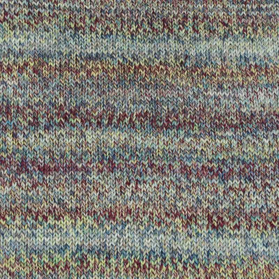 Close-up of a knitted fabric with a multicolor zigzag stripe pattern in shades of blue, beige, brown, and burgundy which shows how colour 001 knits up | Yarn Worx