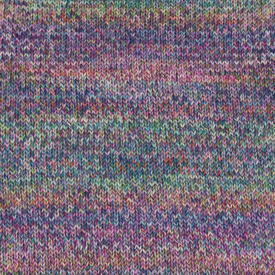 Close-up of a knitted fabric texture with a variegated multicolor pattern of purple, pink, blue, green, and beige yarn which shows how colour 002 knits up | Yarn Worx