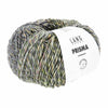 A ball  of Lang Prisma Superwash yarn, featuring a variegated color pattern of green, gray, black, and beige, wrapped with a white paper label | Yarn Worx