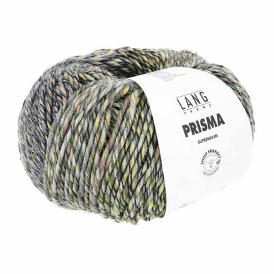 A ball  of Lang Prisma Superwash yarn, featuring a variegated color pattern of green, gray, black, and beige, wrapped with a white paper label | Yarn Worx