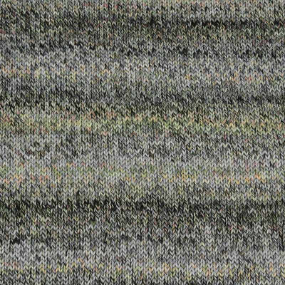 Close-up of a knitted fabric texture with horizontal stripes in heather gray, charcoal, black, olive green, and subtle beige flecks showing how colour 003 knits up | Yarn Worx