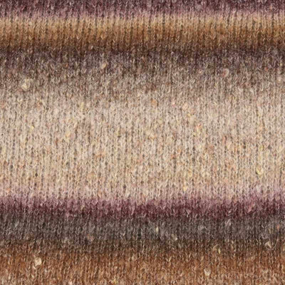 A close-up of a textured knit fabric with horizontal stripes in beige, brown, and muted plum purple showing how colour 001 knits up | Yarn Worx