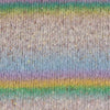 Close-up of a knitted fabric with horizontal rainbow stripes in pastel tones, including green, blue, purple, yellow, and a heathered beige base showing how colour 002 knits up | Yarn Worx