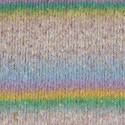 Close-up of a knitted fabric with horizontal rainbow stripes in pastel tones, including green, blue, purple, yellow, and a heathered beige base showing how colour 002 knits up | Yarn Worx