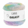 A ball of Lang Yarns Galaxy yarn with a white paper label, featuring a soft, fuzzy texture with pastel rainbow colours including purple, green, yellow, and blue | Yarn Worx