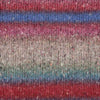 Close-up of a knitted fabric with horizontal stripes in red, blue, pink, and beige, showing a textured wool-like weave with small flecks showing how colour 003 knits up | Yarn Worx