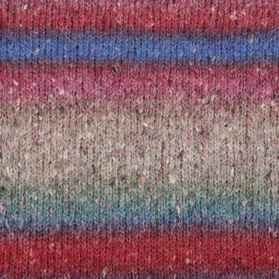 Close-up of a knitted fabric with horizontal stripes in red, blue, pink, and beige, showing a textured wool-like weave with small flecks showing how colour 003 knits up | Yarn Worx