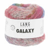 A ball of Lang Yarns Galaxy merino wool yarn with a white paper label, showing a variegated color mix of pink, blue, purple, and white | Yarn Worx