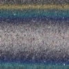 Close-up of a textured knit fabric with horizontal stripes in gray, teal, blue, and muted yellow showing how colour 004 knits up | Yarn Worx