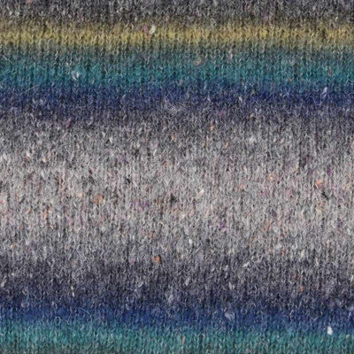 Close-up of a textured knit fabric with horizontal stripes in gray, teal, blue, and muted yellow showing how colour 004 knits up | Yarn Worx