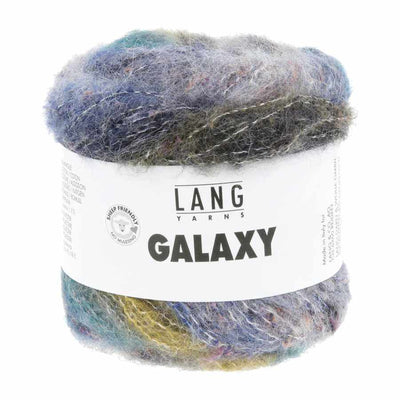 A skein of Lang Yarns Galaxy yarn with a white paper label, featuring a variegated color mix of blue, purple, green, and yellow in a fuzzy, mohair-like texture | Yarn Worx