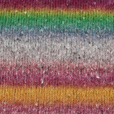 Close-up of a knitted fabric with horizontal rainbow stripes in pink, yellow, green, blue, and gray showing how colour 005 knits up | Yarn Worx