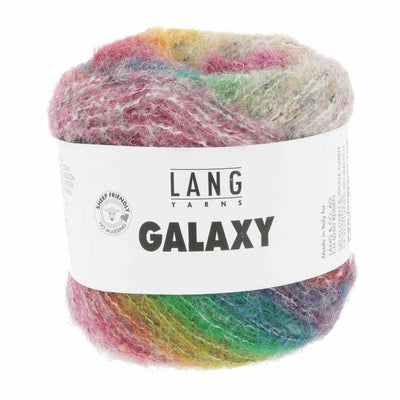 A ball of Lang Yarns Galaxy yarn with a white paper label, featuring a variegated color pattern of pink, green, yellow, and gray | Yarn Worx