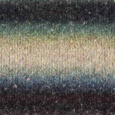 A close-up of a textured knit fabric with horizontal stripes in dark brown, muted green, beige, and slate blue showing how colour 006 knits up | Yarn Worx