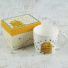 white bone china mug with a beehive and bees| Yarn Worx