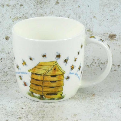white bone china mug with a beehive and bees| Yarn Worx