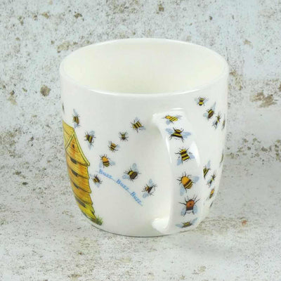 white bone china mug with a beehive and bees| Yarn Worx