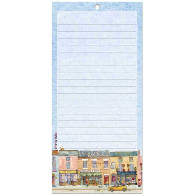 Notepad with a colorful street scene design on a white background | Yarn Worx